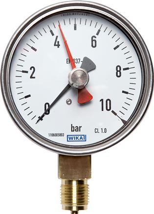 Manometer senkrecht (CrNi/Ms), 100mm, 0 - 6 bar, mit rückstellbarem Schleppzeiger