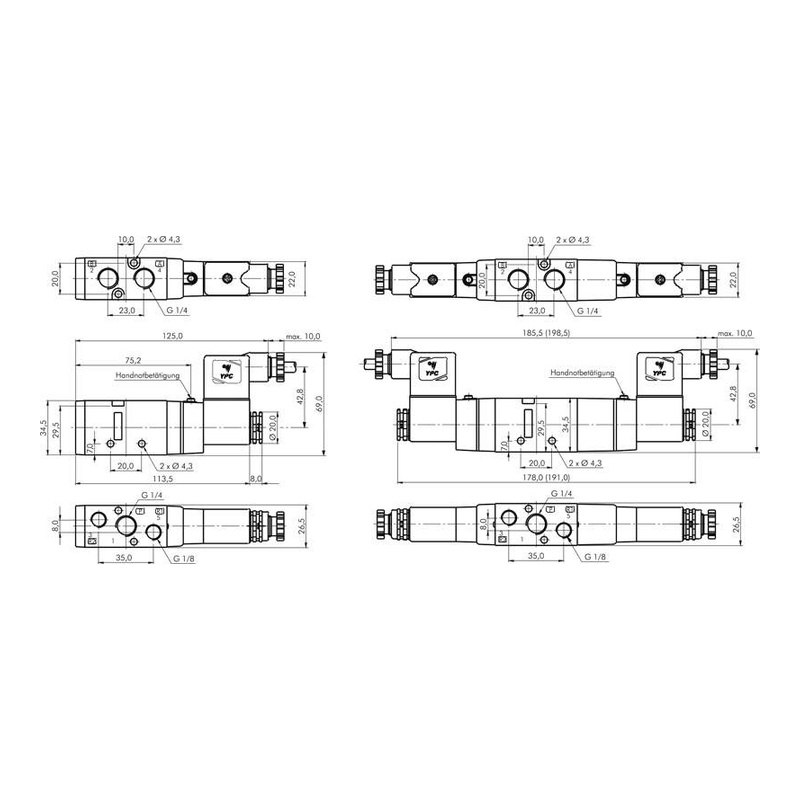 Elettrovalvola a 5/2 vie, G 1/4" (scarico G 1/8"), ritorno a molla, 230 V CA
