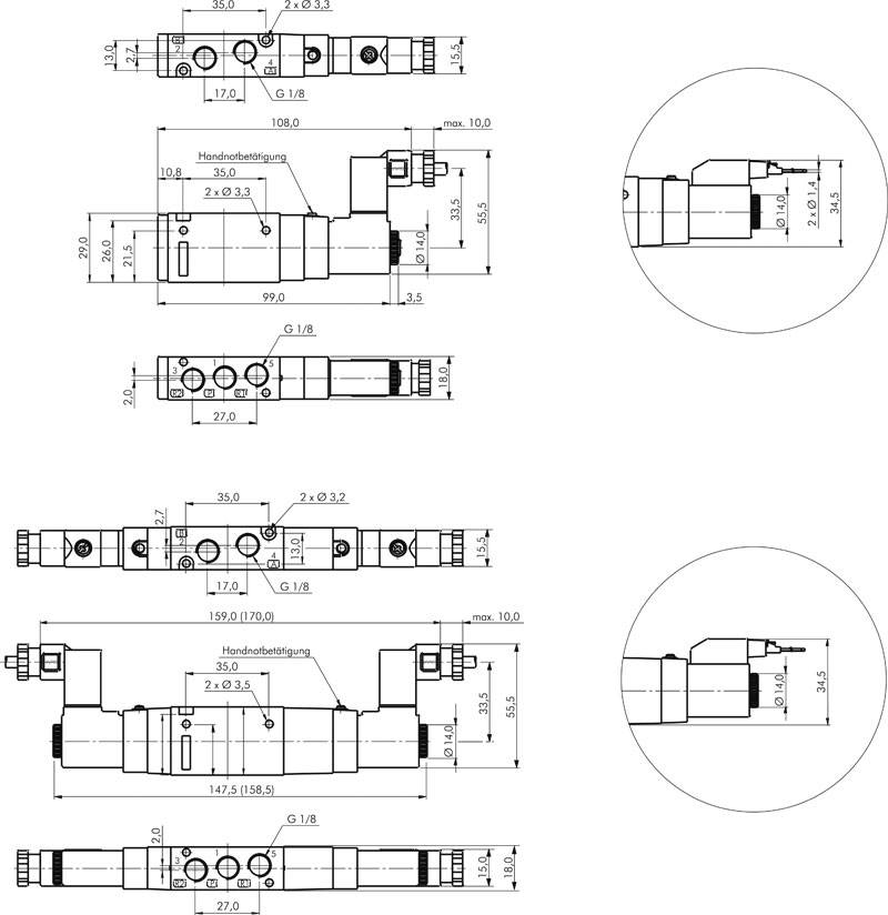 5/2-Wege Magnetventil, G 1/8", Federrückstellung, 24 V=, Norm-Stecker Grösse 0