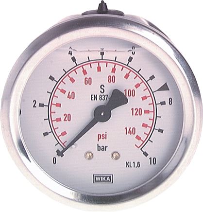 Glycerin-Manometer waagerecht (CrNi/Ms),63mm, -1 bis 5bar
