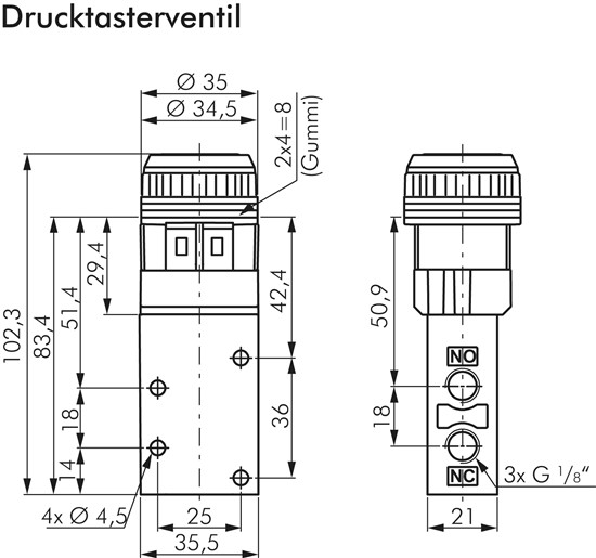 3/2-Wege Ventil G 1/8", Drucktaster grün