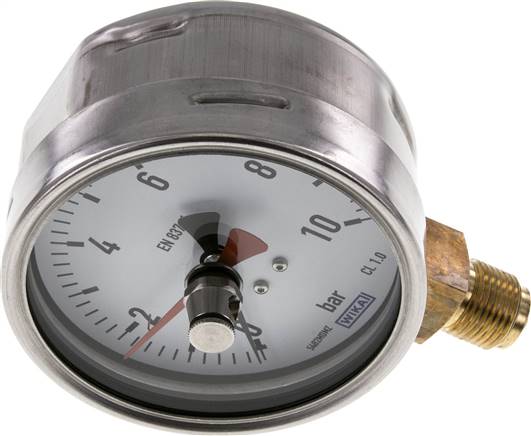 Manometer senkrecht (CrNi/Ms), 100mm, 0 - 10 bar, mit rückstellbarem Schleppzeiger
