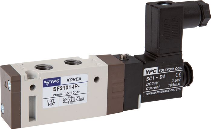 5/2-Wege Magnetventil, G 1/8", Federrückstellung, 24 V=, Norm-Stecker Grösse 0